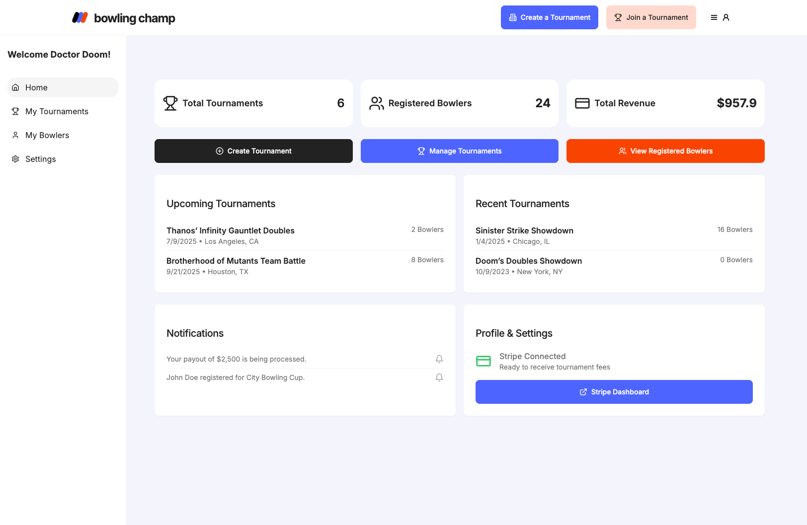 Bowling tournament dashboard